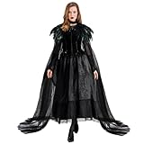 keland Schwarzer Tüll Umhang Lang mit Federkragen Feder Cape Halloween Maleficent Accessoires (Schwarz)