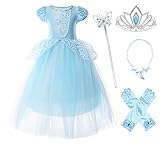 JerrisApparel Aschenputtel Kleid Tüll Prinzessin Kostüm Verkleidung Mädchen (6 Jahre, Etikette Gr:130, Blau mit Zubehör)