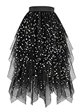 Hanpceirs Damen Tüll Röcke High Low Layered Puffy Fee Röcke A-Linie Midi Rock Unregelmäßiger Tutu Rock Schwarz Pailletten L