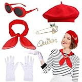 XEPST 6 STÜCK französisches Kostümset - 50er Jahre Kostüm für Frauen mit französischer Baskenmütze Sonnenbrille Schal Handschuhe Französischer Künstler Pantomime Kit für Halloween Cosplay Karneval