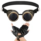 Geyoga Steampunk Set Steampunk Brille Handschuhe PU Fingerlose Glove Unisex Steam Punk Accessoires für Karneval Halloween Party