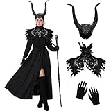 Herenear Halloween Maleficent Kostüm Damen, Böse Königin Halloween Kostüm mit Hörner, Gothic Feder Schalkragen, Hexenkostüm Teufelshörner für Cosplay, Karneval Maskerade Outfits Erwachsene Mädchen
