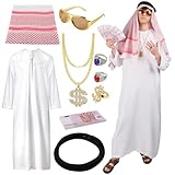 viallolipa Scheich Kostüm Herren, Kostüm Scheich Araber, Araber Kostüm, Arabisches Weißes Gewand mit Kopftuch, Finger Ring, Halsketten, Sonnenbrillen, Lustige Kostüme für Karneval, Party, Cosplay