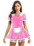 MSemis 3Pcs Damen Kostüm Dienstmädchen Lack Leder Kleid Lolita Cosplay Uniform Dessous Set Minikleid, Satin Schürze, Halsband Clubwear Gr. S-XL Rosa 5XL
