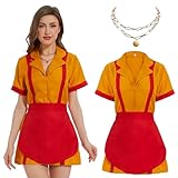 JONRRYIN 2 Broke Girls Kostüm, Caroline und Max Kostüm für Erwachsene, Damen Kellnerin Kostüm mit Schürze Halsketten, Maid Dress für Damen Geburtstage Cosplay Party Karneval