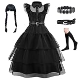 WIOLETA Schwarz Kleid Mädchen mit Perücke, Gürtel, Gürtelpolster, Socken für 4-13 Jahre