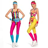 YANVS 80er Jahre Fitness Kostüm Damen 6 Stück Set Bunt Jumpsuit Vintage Aerobic Kleidung Yoga Hosen Sportbekleidung