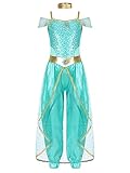 Aiihoo Mädchen Jasmin Prinzessin Kostüm Aladin Prinzessin Kleid mit Pailletten Arabische Indische Bauchtanz Kostüm Weihnachten Fasching Geburtstagsfeier Hellgrün 110-116