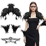 Federkragen Schwarzer, funkelnde Achselzucken, Federumhang Schwarz – Federkragen Schwarzer kostüm Damen mit Federmanschetten und Augenklappe – Halloween Karneval Cosplay Maskerade Maleficent Kostüm