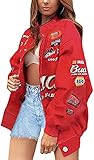 nicticsi Damen Bomberjacke College Oversized Patchwork Bedruckte Jacke 90S Vintage Racing Sweatjacke Reißverschluss Sweat Jacket Baseball Mantel Übergangsjacke Teenager Frühling Herbst A6 Rot XXL