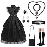 Funnity Kinder Kostüm Mädchen, Schwarzes Kleid, Wednesday Kostüm Kinder eignen sich perfekt für Kleid Mädchen, Ballkleid Mädchen, Cheerleader Kostüm Kinder, Faschingskostüme Kinder Mädchen(130cm)