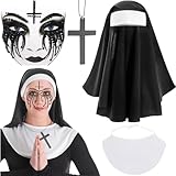 Qunkun 4 Stück Nonnen Kostüm Damen, Nonnen Kopfbedeckung, Karneval Horror Nonne Kostüm, Nonnen Kostüm Damen Halloween, Gesichtstattoo Karneval, Nonnen Kopfbedeckung, Karneval Kostüm Damen Gruselig