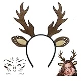 Reh Kostüm Damen,Geweih Haarreif Kinder Fasching Rentier Ohren Haarreifen Braun Kopfschmuck mit Bambi Schminke Gesichtstattoo Set Erwachsene Hirsc Kostüme Accessoires für Mädche Cosplay Rentierkostüm