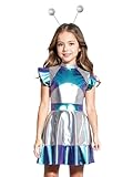 Alvivi Mädchen Alien Kleid Space Girl Kleid Metallic Tanzkleid + Haarreif Weltall Astronauten Kostüm Karneval Fasching Performance Tanzkostüm Blau 146-152