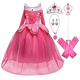 LOBTY Mädchen Prinzessin Aurora Schulterfrei Kostüm Rosa Kinder Kostüm Halloween Weihnachtsfeier Kostüm Tiara Zauberstab 110-150