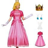 AYYOHON Prinzessin Pfirsich-Kostüm für Damen, 2023, Superbrüder, Cosplay, Kleid, Krone, Ohrringe, Handschuhe, komplettes Set, Erwachsenen-Halloweenanzug, Größe L