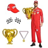 Aragallant Rennfahrer Kostüm Herren, Rennfahrer Anzug Herren Damen mit Hüte, Rennfahrer Kostüm Overall Jumpsuit für Erwachsene Karneval, Party, Cosplay