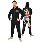 One Piece Schlafoveralls für Herren, Onesie Herren und Erwachsene, Fleece Jumpsuit Herren - Anime Merch, Anime Geschenke (Schwarz, 3XL)