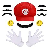 GUOYOU Cosplay Kostüm Kinder Accessoires, Erwachsene Karneval Kostüm Mütze Rot Hut Handschuhe Bart Gelbe Knöpfe, Faschingkostüme Mottoparty Halloween, für Kinder Damen Herren