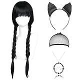 Wednesday Perücke 4 Stück, Perücke Schwarz mit Halskette und Stirnband, Geflochtene Lange Schwarze Zopfperücke mit Pony, Wednesday Perücke Erwachsene Kinder, für Cosplay Karneval Halloween Party