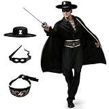 BuzzoXerex Bandit Kostüm Herren, Maskierte Helden Kostüm, Karneval Banditen Kostüm mit Schwarz Filzhut, Maske, Umhang, Rüschenhemd, Hose und Gürtel für Karneval Fasching Mottoparty (L)