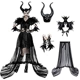KUJAIS Maleficent Kostüm Damen: Böse Königin Kostüm Maleficent Hörner mit Gothic Federumhang Feder-Manschetten und Schwarzer Tüllrock Faschingskostüme Karneval Halloween Cosplay Party Kleidung