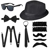 Xerteam 20er Jahre Accessoires Herren, 20er jahre Kostüm Herren mit Klassischer Zubehör Hut Fliege Krawatte Hosenträger Sonnenbrille Bärte Armband Strumpfband, Mafia Kostüm für Karneval Halloween
