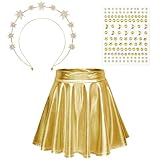 Sprinlot Gold Metallic Rock Damen, Haarreif Sterne Gold, Gold Glitzer Tüllrock L, Glänzender Rock mit Haarreif Damen Karneval Fasching