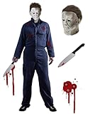 Michael Myers Kostüm für Herren 3-teiliges Herren Halloween Michael Myers Maske und Blutverschmiertes Messer Horror Cosplay Kostüm Set für Halloween Fasching Arbeitsoveralls Overall Blau Navy 027XL