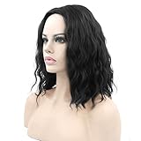 Fouriding Perücke kurz lockige Welle Frauen Bob Haare Perücken für Damen Halloween Cosplay Party Anime Fasching Kostüm (Schwarz)
