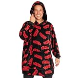 Stranger Things Übergroße Damen Hoodie Decke mit Ärmeln - Oversized Kapuzenpullover Fleece Tragbare Decken für Teenager - Geschenke für Fans (Schwarz/Rot)