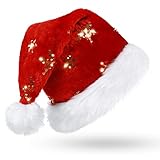 CITÉTOILE Rot Weihnachtsmütze für Erwachsene, Deluxe Velours Nikolausmütze mit Soft Liner, Plüschkrempe Weihnachtsmann Santa Nikolaus Mütze mit Golden Pailletten Schneeflocke für Männer Frauen