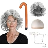 FUIPVGI oma kostüm kittelschürze damen perücke, graues Oma Perücken Set mit Oma-Perücke, Brille und Kette, Zubehör Set für Halloween, Welttag des Buches, Maskerade, Karneval