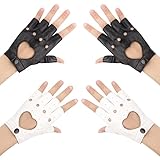 Newellsail 2 Paar Fingerlose PU-Leder Handschuhe Damen Punk Herz-Ausschnitt Handschuhe Halbfinger-Handschuhe für Fahren, Radfahren, Tanzen, Leistung, Cosplay, Einheitsgröße (Schwarz & Weiß)