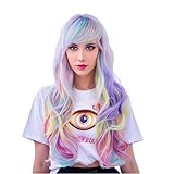 Frauen Lange Gewellte Mehrfarbig Perücke,Regenbogen Cosplay Perücke,Hitzebeständige Kunsthaar Perücke,Bunte Lolita Cosplay Perücke,Ladieshair Länge Locken Glamor Perücke,Karneval Kostüm Perücke
