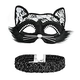 WEINIBAO Halloween Katzenmaske, Halloween Maske Fasching Maskerade Maske, Schwarze Katzenkostüm Zubehör mit Katze Maske Pailletten Halskette,Maske Katze für Halloween Karneval Maskerade Cosplay