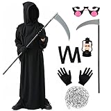 Marypaty Sensenmann Halloween Tod Kostüm für Erwachsener Kinder Herren, 8 Pcs Cosplay Kostüm Sensenmann Umhang Set mit Kapuze (S(110-130cm), 1)