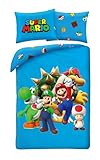 Super Mario mit Luigi Toad Bowser und Yoshi – Bettwäsche-Set Bettbezug 140 x 200 cm + Kissenbezug 70 x 90 cm – wendbar – 100 % Polyester – Blau