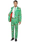 OFFSTREAM Hässliche Weihnachtsanzüge für Männer - Grüner Nordischer Stil - Xmas Sweater Kostüme Inklusive Jacke Hose & Krawatte