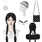 Perücke Schwarz mit Zöpfen,Schwarze Geflochtene Perücke,Perücke Lange Zöpfe,Perücke für Kinder,Zwei Geflochtene Zöpfe