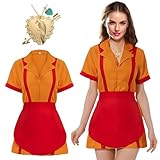 Dongcill Broke Girls Kostüm Damen Kellnerinnenkostüm Mit Schürze Und Herz Papagai Halskette Rot Gelb Bankrotten Schwestern Cosplay Kostüm Karneval (XL)