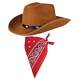 COLOFALLA Cowboy Hut mit Halstuch Cowgirl Kostümzubehör Partyhut Partyhalstuch Accessoires Cowboyhut für Karneval Fasching JGA Urlaub Herren Damen (braun)