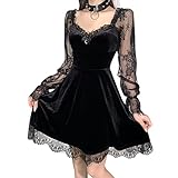 Odizli Gothic Kleid Damen Schwarz Sexy Steampunk Samtkleid Langarm Spitze Partykleid Frauen Lolita Punk Y2K A Linie Minikleid Fairy Grunge Halloween Vampir Cosplay Kostüm Gothic Kleidung Schwarz M