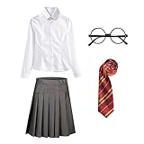 FStory&Winyee Zauberer Set Bluse Rock Weste Krawatte Brille Kostüm Zubehör für Kinder Erwachsene Zubehör Set Striped Tie Gestreifte Krawatte zum Karneval Fasching Halloween,Weiblich-rot,145