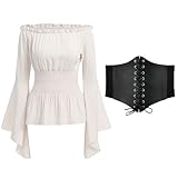 Mittelalter Bluse Damen Gothic Steampunk Korsett Oberteil Langarm Off Shoulder Viktorianisches Renaissance Kleidung Piratenkostüm Wikinger Kostüm Halloween Karneval Faschingskostüme Weiß+Gürtel L