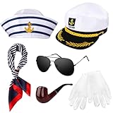 HIULLEN Kapitänsmütze Matrosenmütze, 6 PCS Kapitän Matrosen Kostüm Set, Schal, Sonnenbrille, Handschuhe, Verstellbare Yacht Kapitän Hut Herren Damen für Weihnachten Kostümpartys, Cosplay, Kreuzfahrten