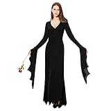Joykindom Damen Morticia Addams Kostüm Halloween Hexenkleid Gothic Addams Kostüm Schwarz Lange Kleid für Karneval Fasching M