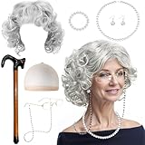 JSTHHTT 9 Stück Old Lady Kostüm Großmutter Cosplay Oma Perücken Perücke Künstlicher, Brillen Ketten Oma Brille Armband Perlenkette, Alte Dame Cosplay Set