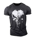 BOONEE Gym Shirt Herren Skull/Punisher, Rundhals Kurzen Ärmeln Fitness Tshirt, Atmungsaktives Laufshirt Sportshirt Trainingsshirt, Grafik Bekleidung als Workout Shirt-Grey||M