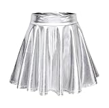 Aurasky Metallic Rock Damen, Rock Silber Metallic, Damen Glänzend Metallisch Mini Rock, Stretch Faltenrock für Karneval Fasching Cosplay Party